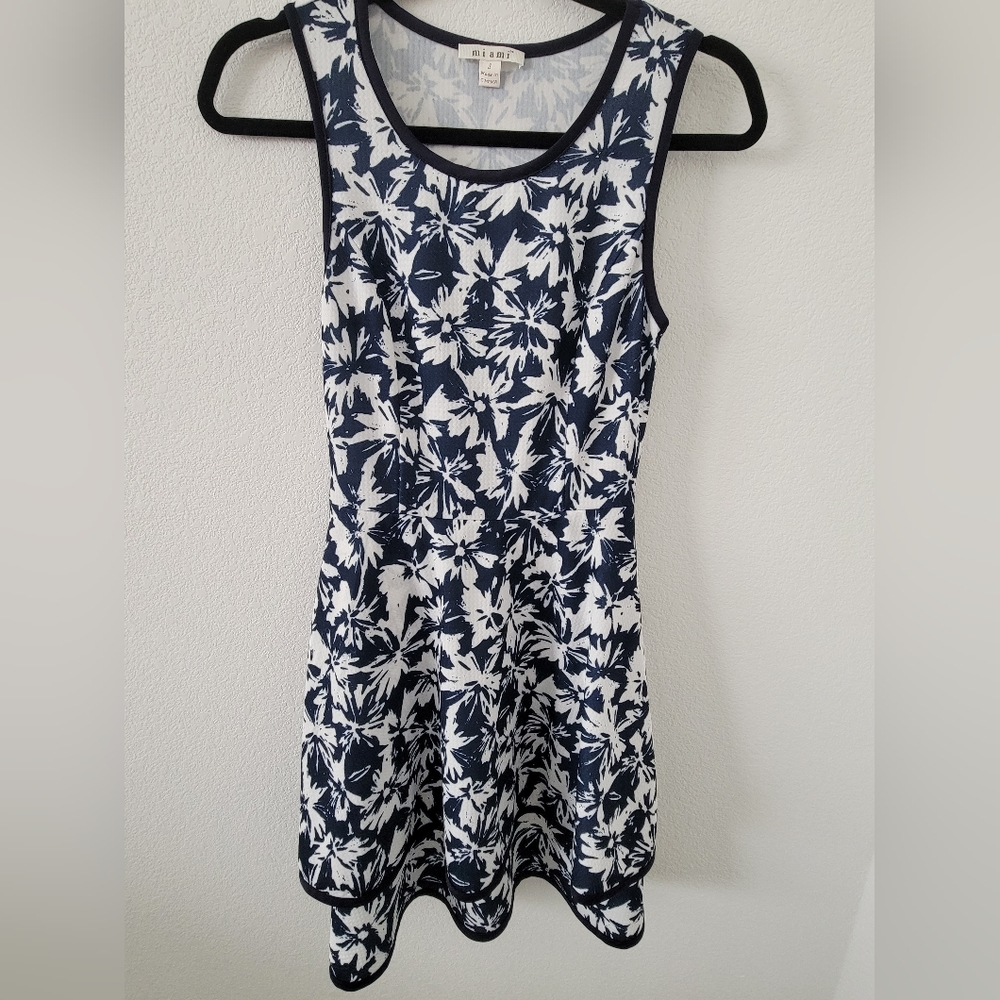 Navy blue and white floral tiered dress